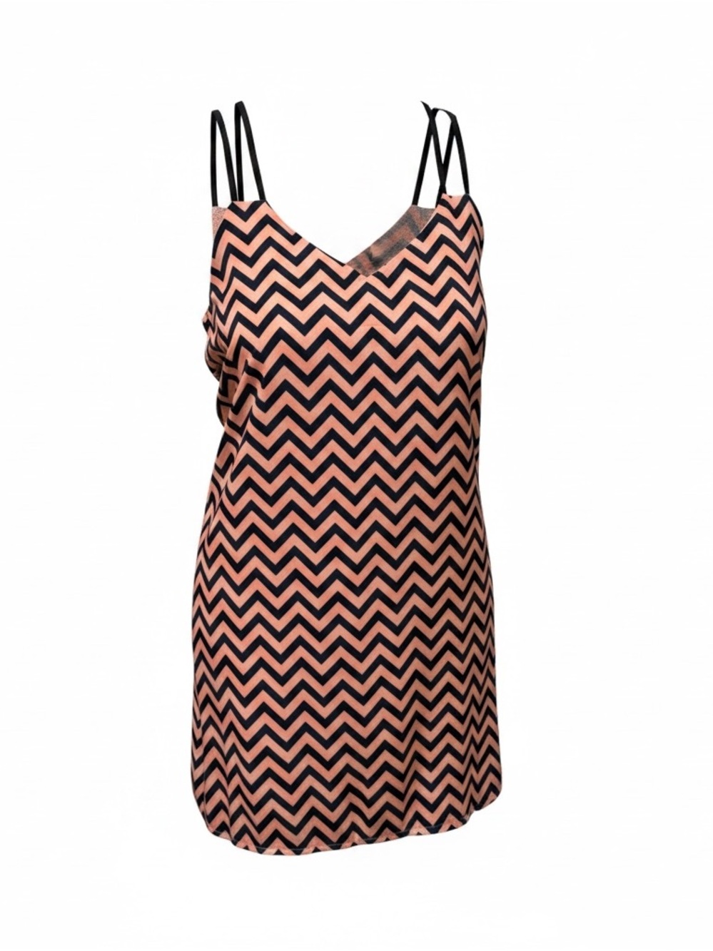 Chevron Print Spaghetti Strap Slip Dress - Navy Blue & Peach